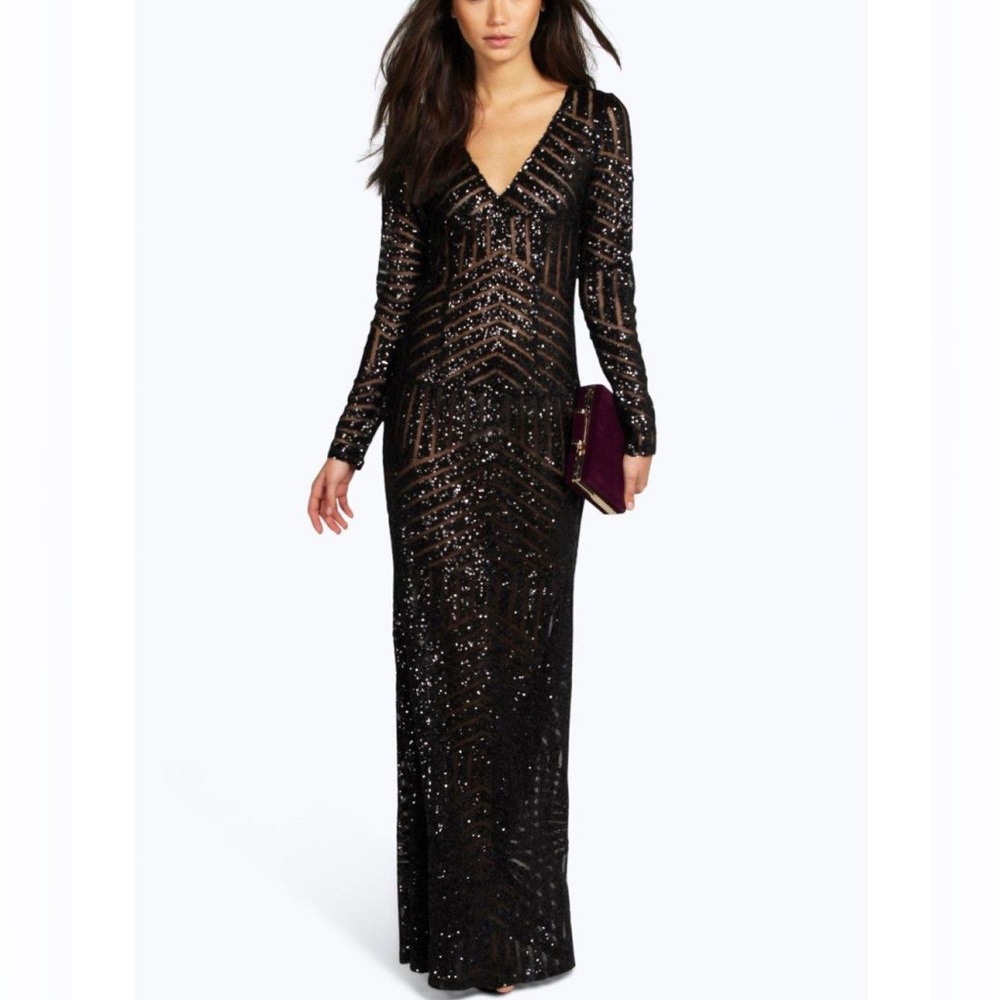 Boohoo Boutique Mia Sequin Mesh Plunge Neck Maxi Dress BLACK - NEW